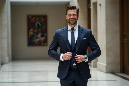Homme élégant en costume bleu dans un lobby moderne