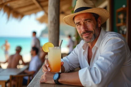 Homme d'&acirc;ge moyen en terrasse en bord de mer avec boisson estivale