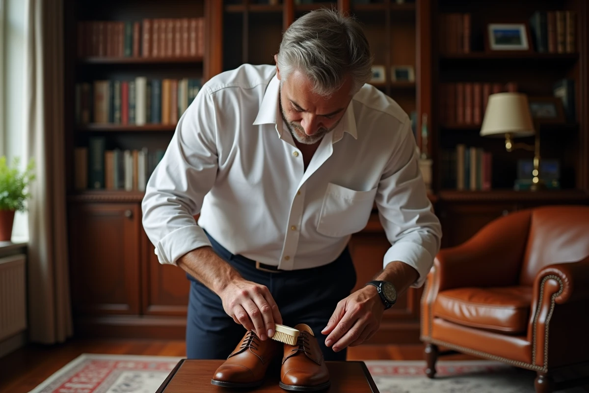 Homme entretenant des chaussures en cuir oxford avec une brosse à poils naturels dans un bureau élégant