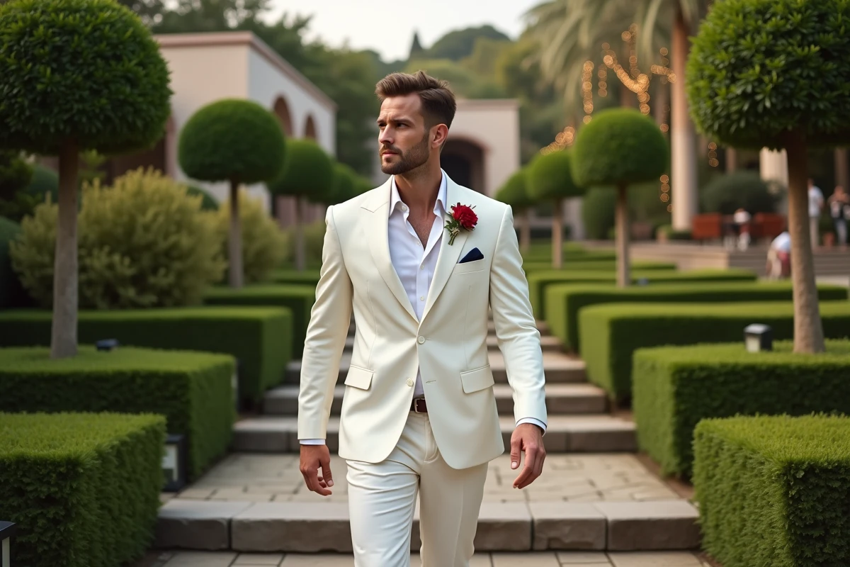 Homme en costume blanc montant des escaliers dans un jardin &eacute;l&eacute;gant
