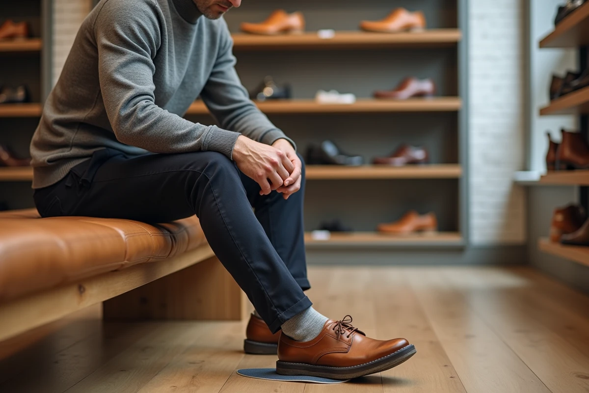Homme essayant une chaussure en cuir avec semelle orthopédique dans un magasin pour corriger un problème de maintien
