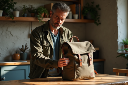Homme réfléchissant à un sac à dos usé dans une cuisine chaleureuse