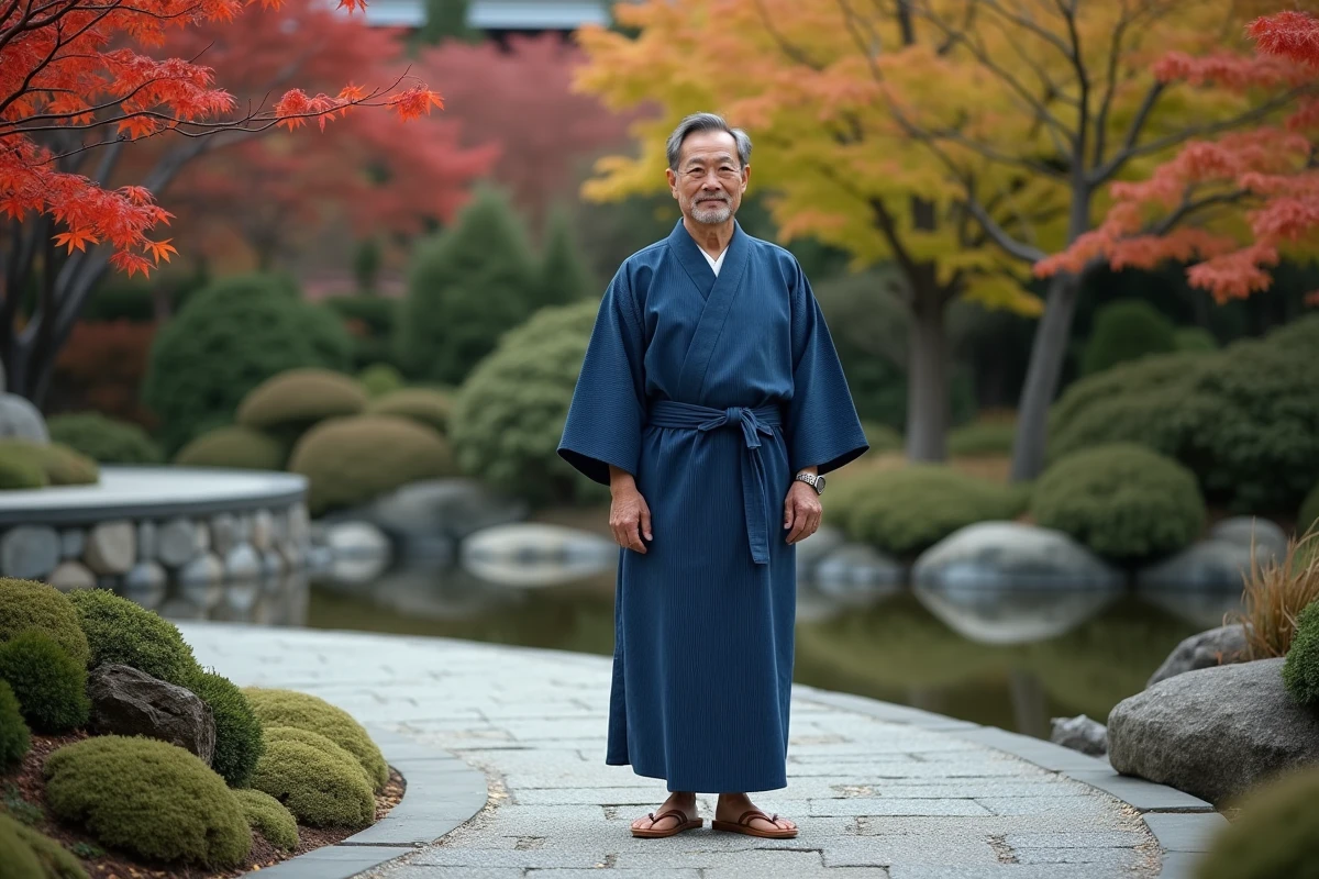 Homme japonais en yukata portant des geta traditionnelles en bois sur un chemin de jardin japonais