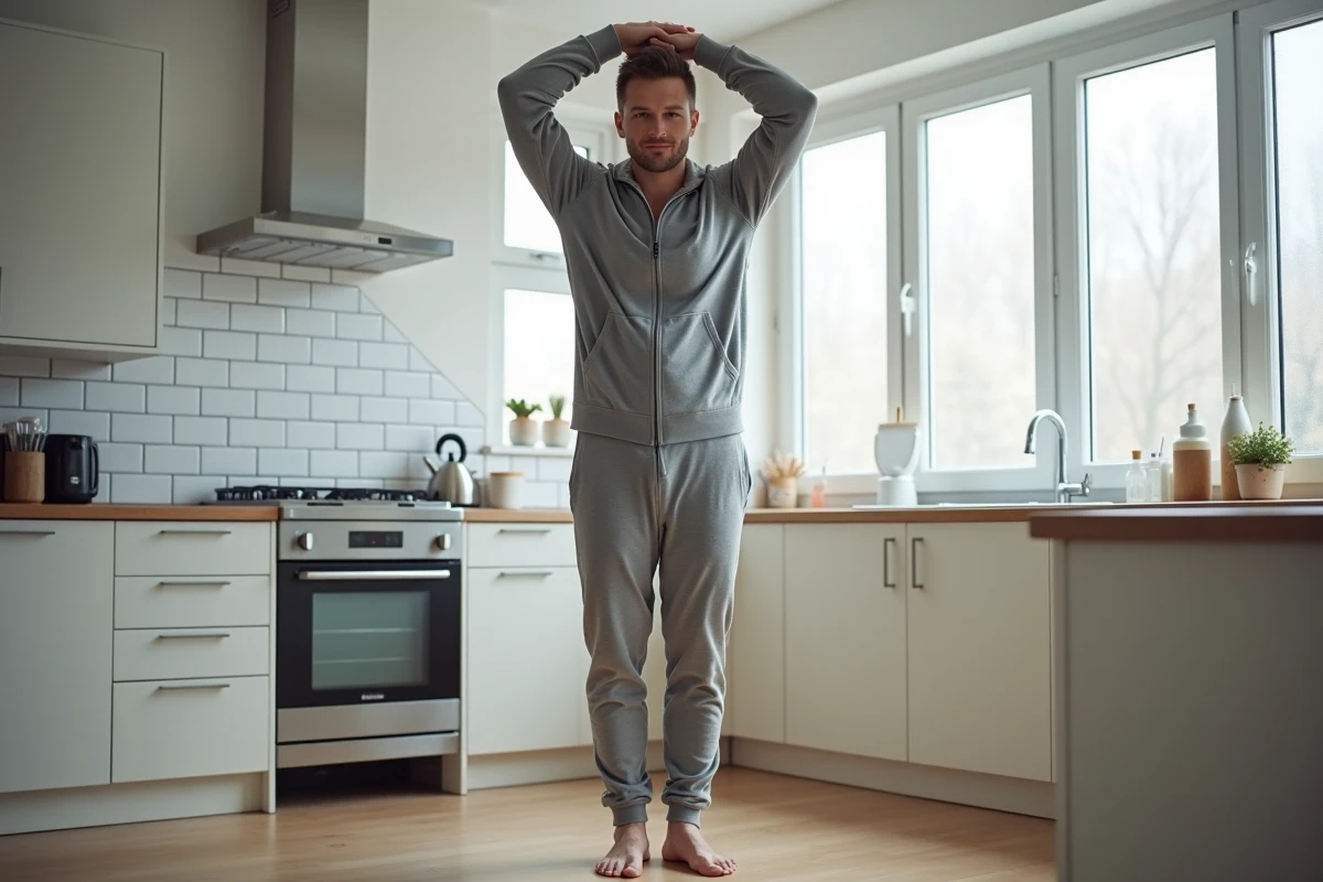 Homme en grenouillère grise intégrale debout dans une cuisine moderne par temps froid, vue plein corps matinale