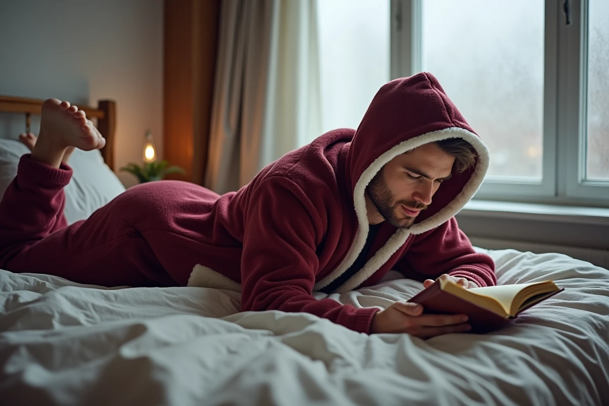Homme en pyjama grenouillère bordeaux doublée sherpa allongé sur un lit en train de lire, ambiance chambre hiver