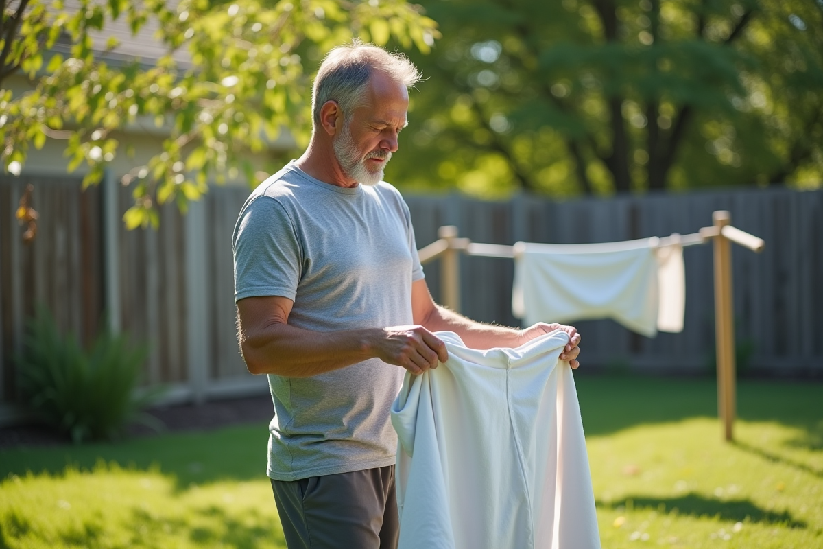 Homme inspectant du linge dans un jardin en plein air