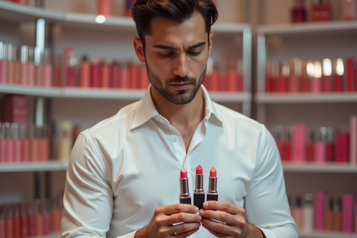 Jeune homme professionnel examinant deux rouges à lèvres en magasin
