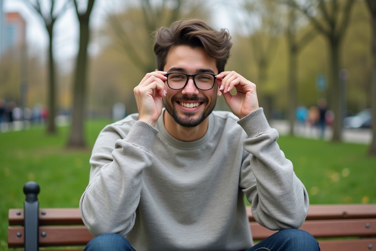 Jeune homme ajustant ses lunettes dans un parc urbain