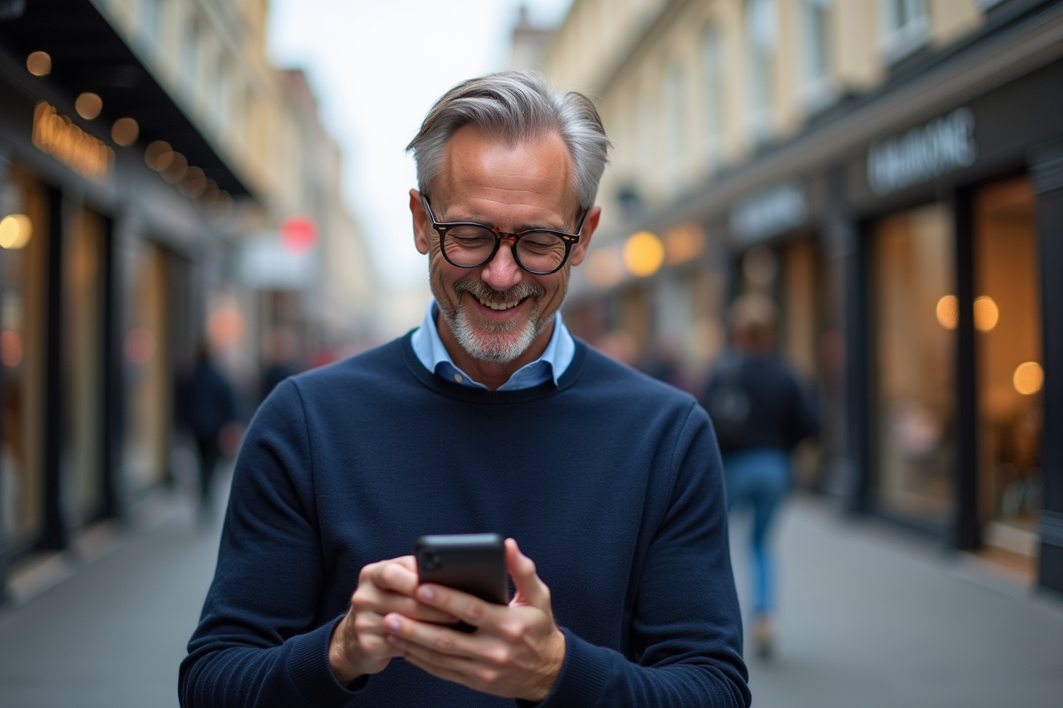 Homme en ville portant des lunettes rondes en acétate