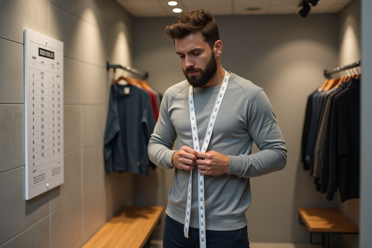 Jeune homme mesurant son torse avec un ruban dans un magasin