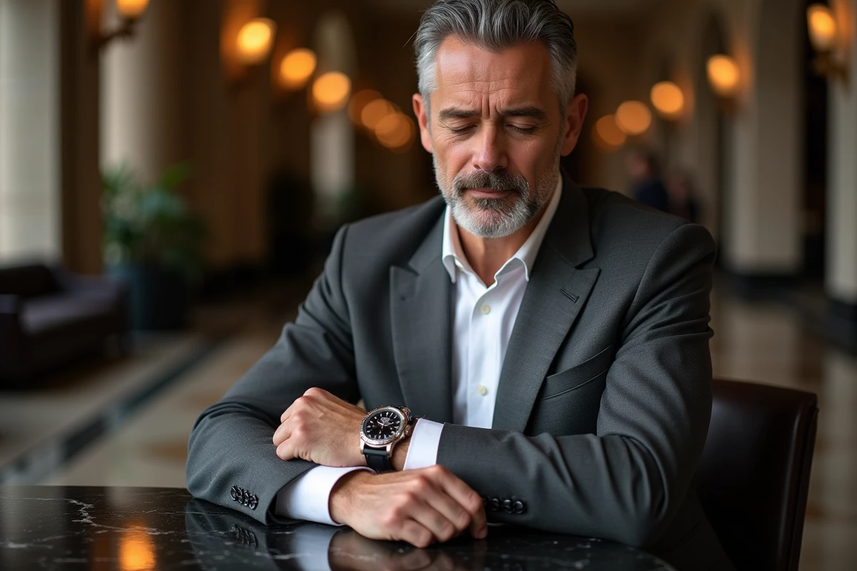 Homme en costume ajusté portant une montre de luxe chronographe dans le lobby d'un hôtel cinq étoiles