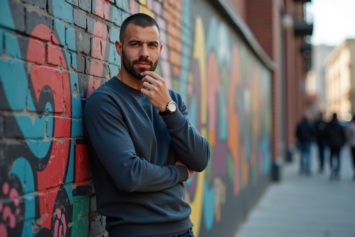 Homme décontracté devant un mur coloré en ville