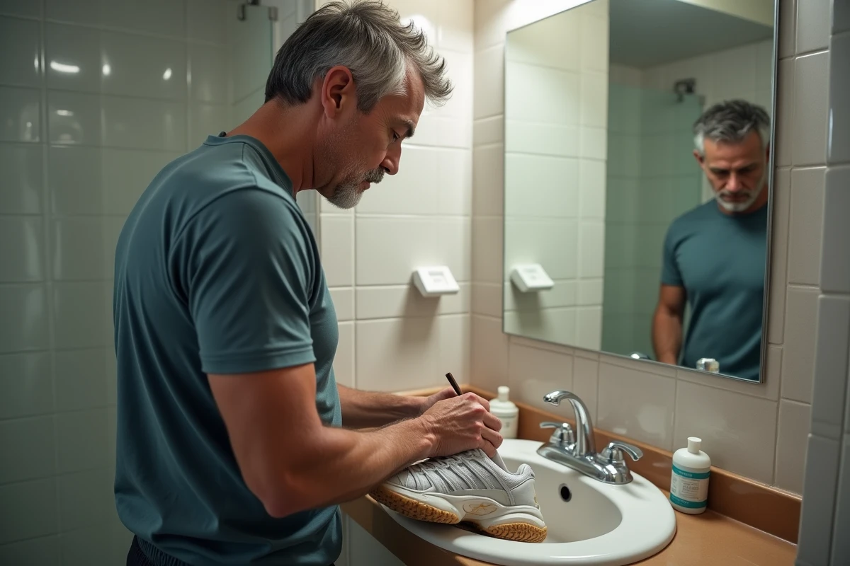 Homme nettoyant ses baskets sales dans une salle de bain