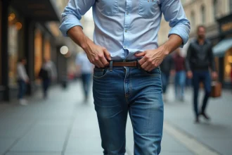 Homme surpris en ville avec pantalon qui glisse