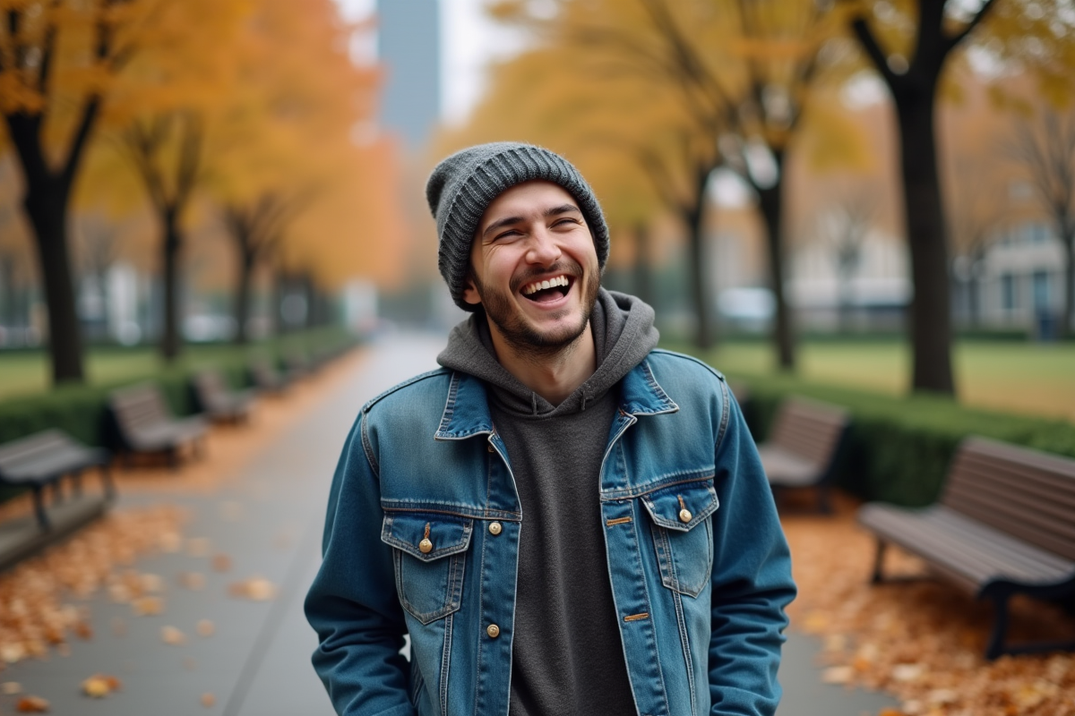 Jeune homme riant dans un parc en automne