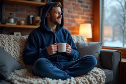 Homme adulte en pyjama grenouillère polaire bleu marine assis sur un canapé avec une tasse chaude, ambiance hiver cosy