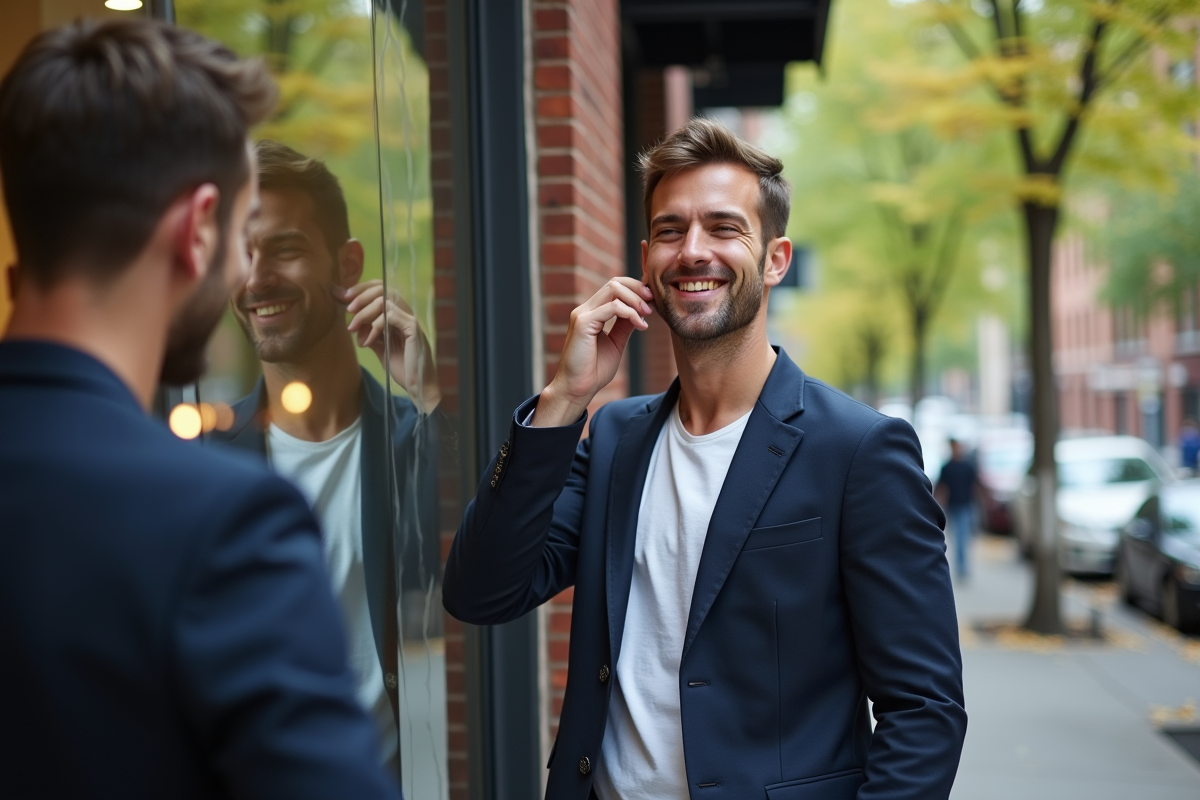 Jeune homme regardant son reflet dans une vitrine urbaine