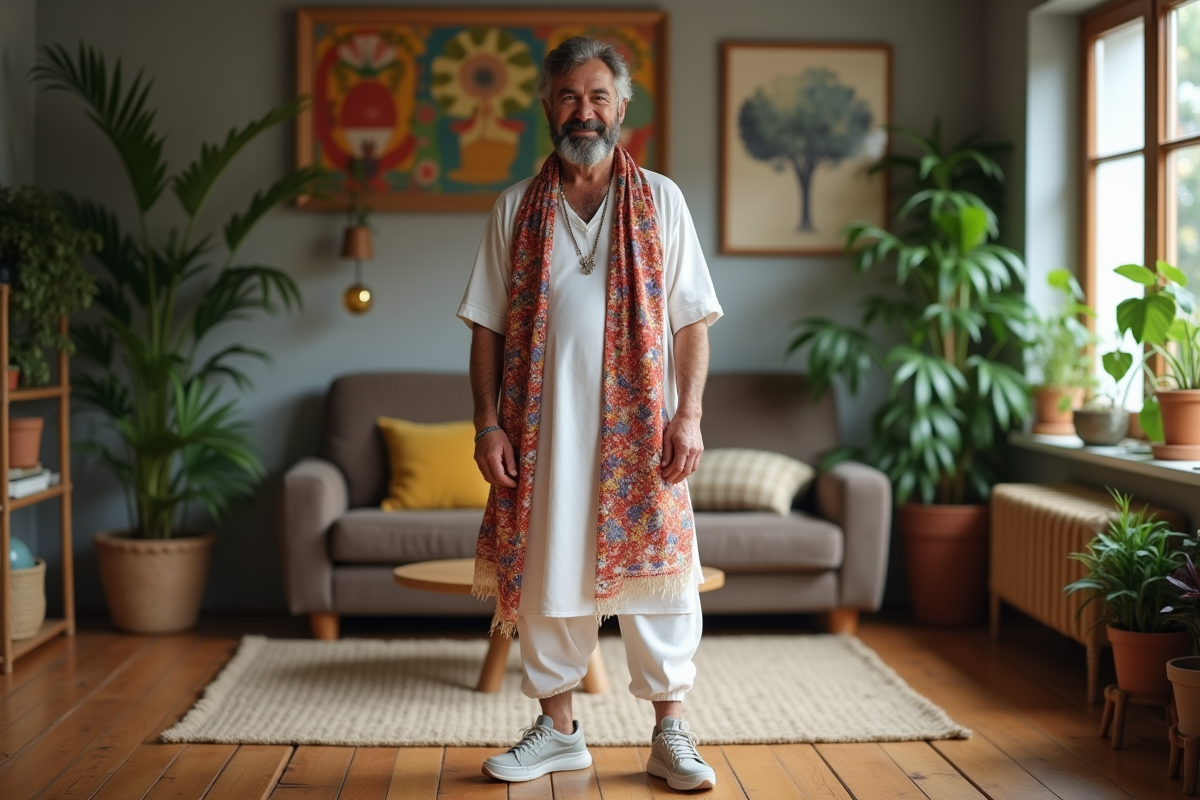 Homme avec sarong coloré dans un appartement moderne