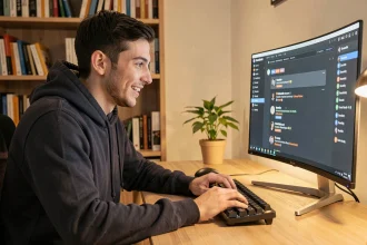 Jeune homme concentré sur un serveur Discord communautaire BTBF depuis son bureau à domicile