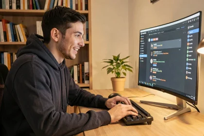 Jeune homme concentré sur un serveur Discord communautaire BTBF depuis son bureau à domicile