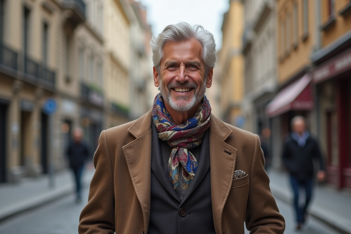 Homme souriant portant un châle dans une rue pavée