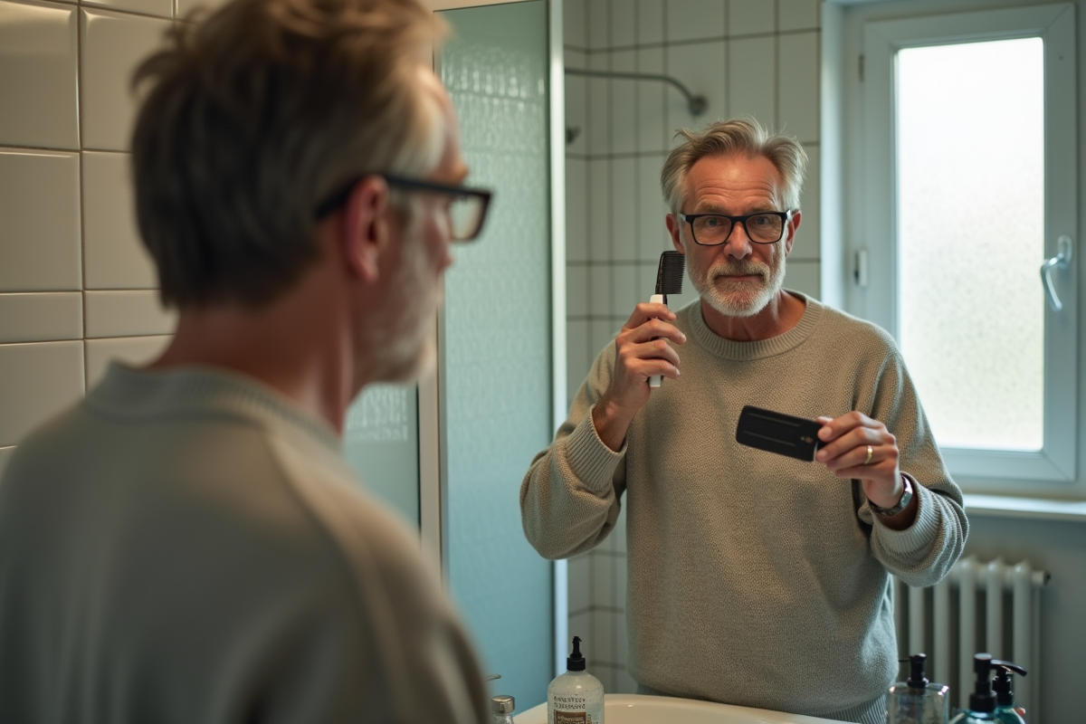 Homme se coiffant dans sa salle de bain lumineuse