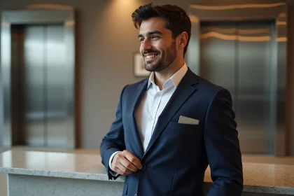 Jeune homme en costume noir ins&egrave;re une carte RFID dans sa poche