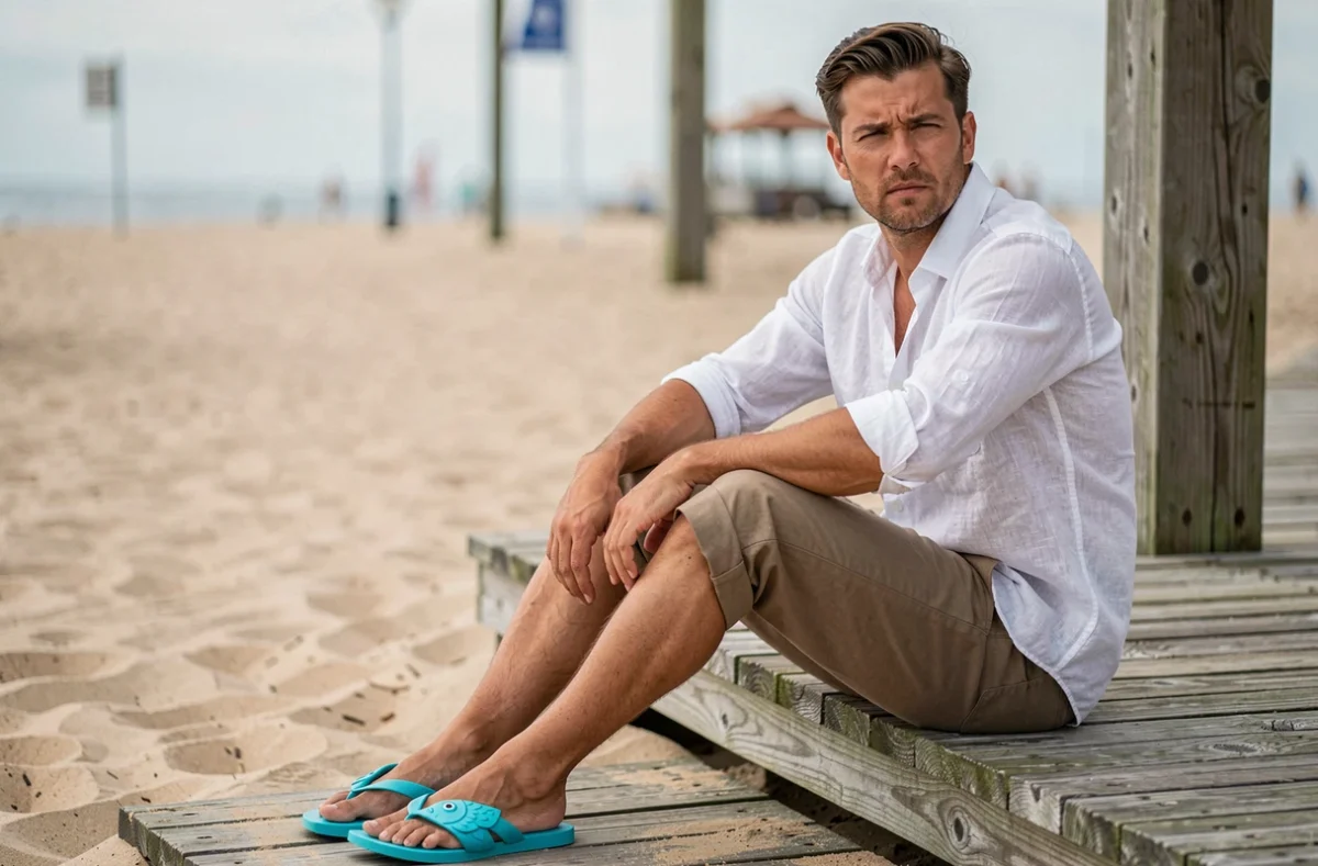 Homme en tongs poisson turquoise assis sur une promenade en bois au bord de la mer avec une attitude décontractée et décalée