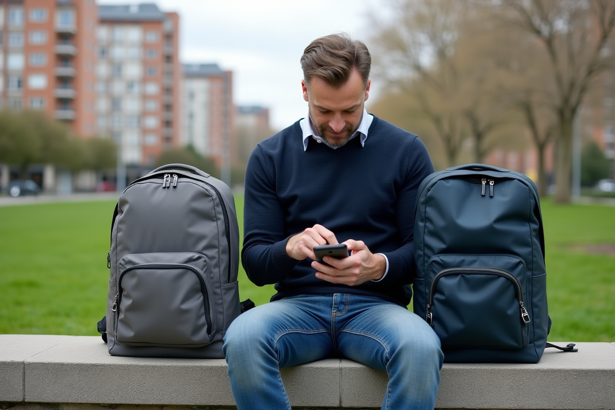 Homme comparant deux sacs à dos dans un parc urbain
