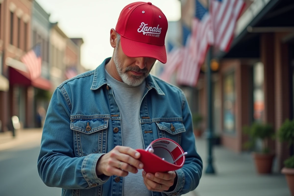 Homme d'âge moyen inspectant l'étiquette intérieure d'une casquette America Great Again Hat pour vérifier son authenticité en ville