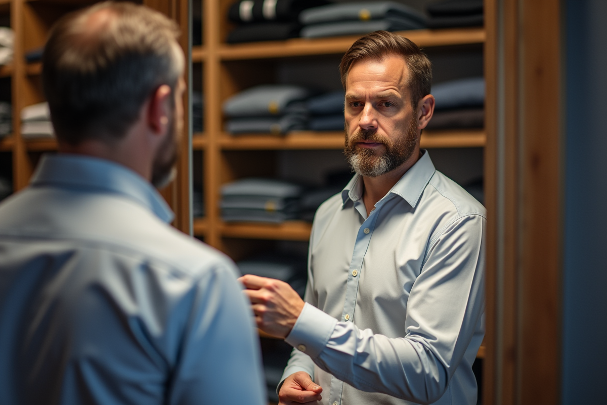 Homme essayant une chemise dans un magasin de vetements