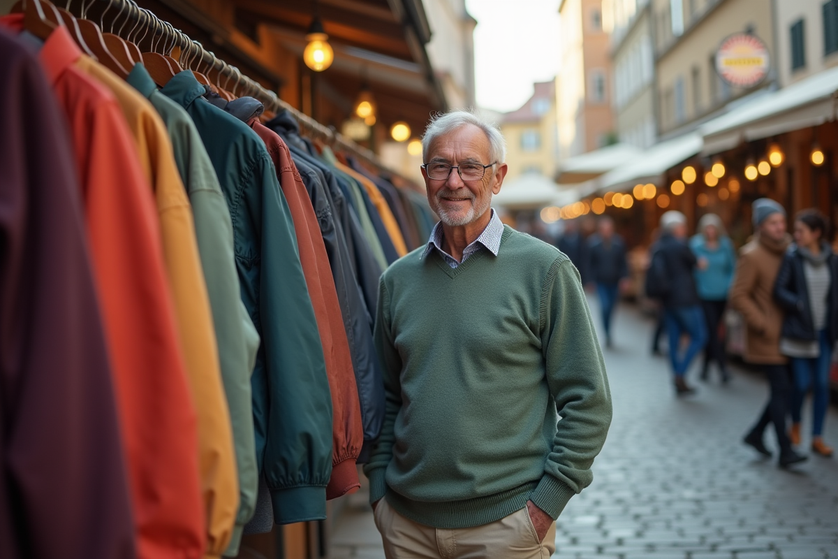 Homme en pull vert choisissant des vestes au marché