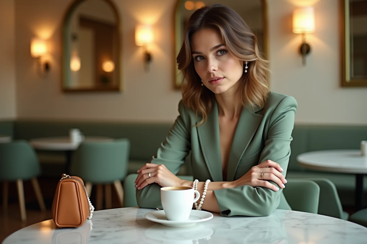 Invitée de mariage portant un tailleur vert sauge Mango avec bracelet en perles et sac structuré caramel dans un lieu de réception parisien