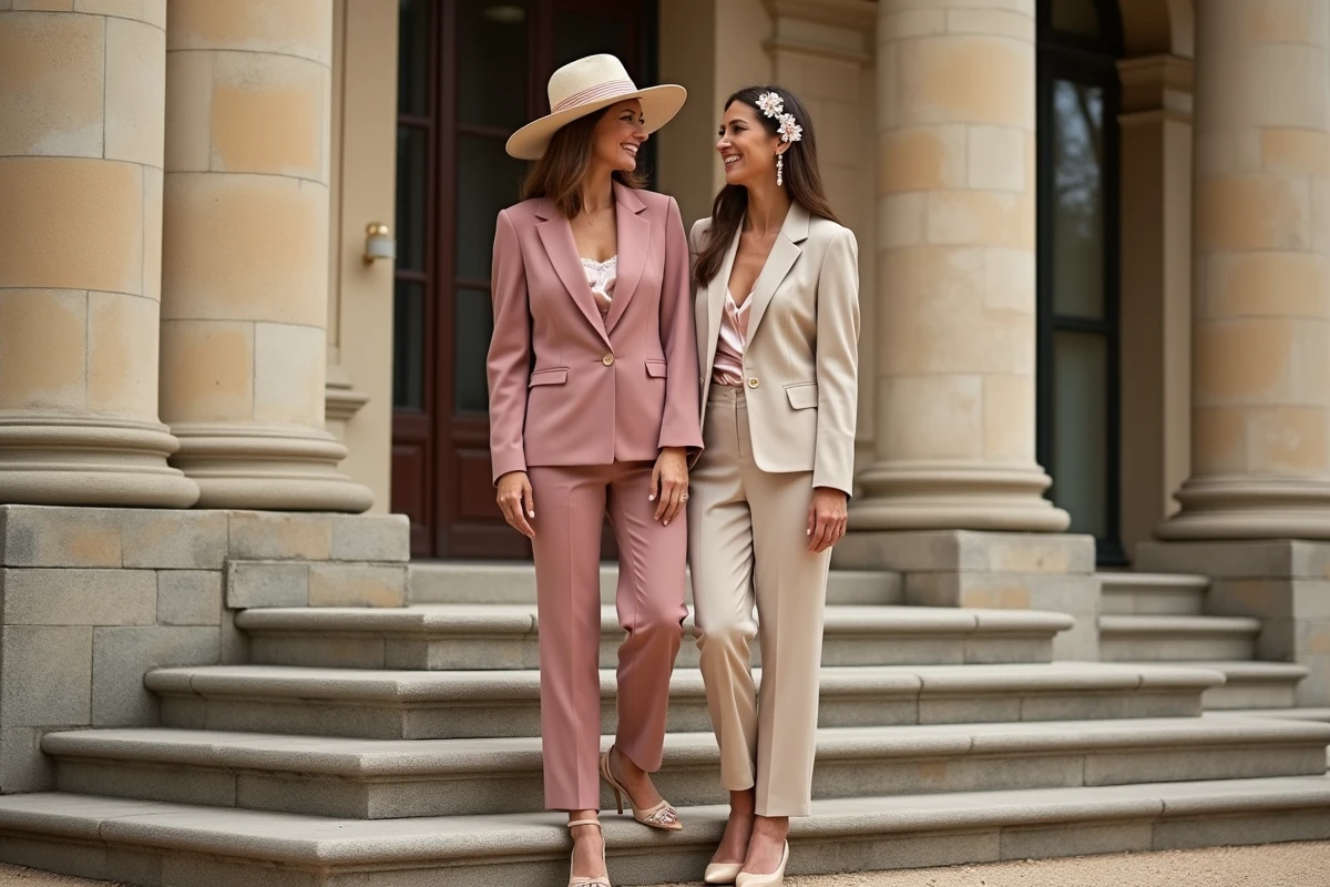 Deux invitées stylées en tailleurs Mango rose et beige accessoirisés d'un chapeau fascinator et de sandales à talons devant un château de mariage