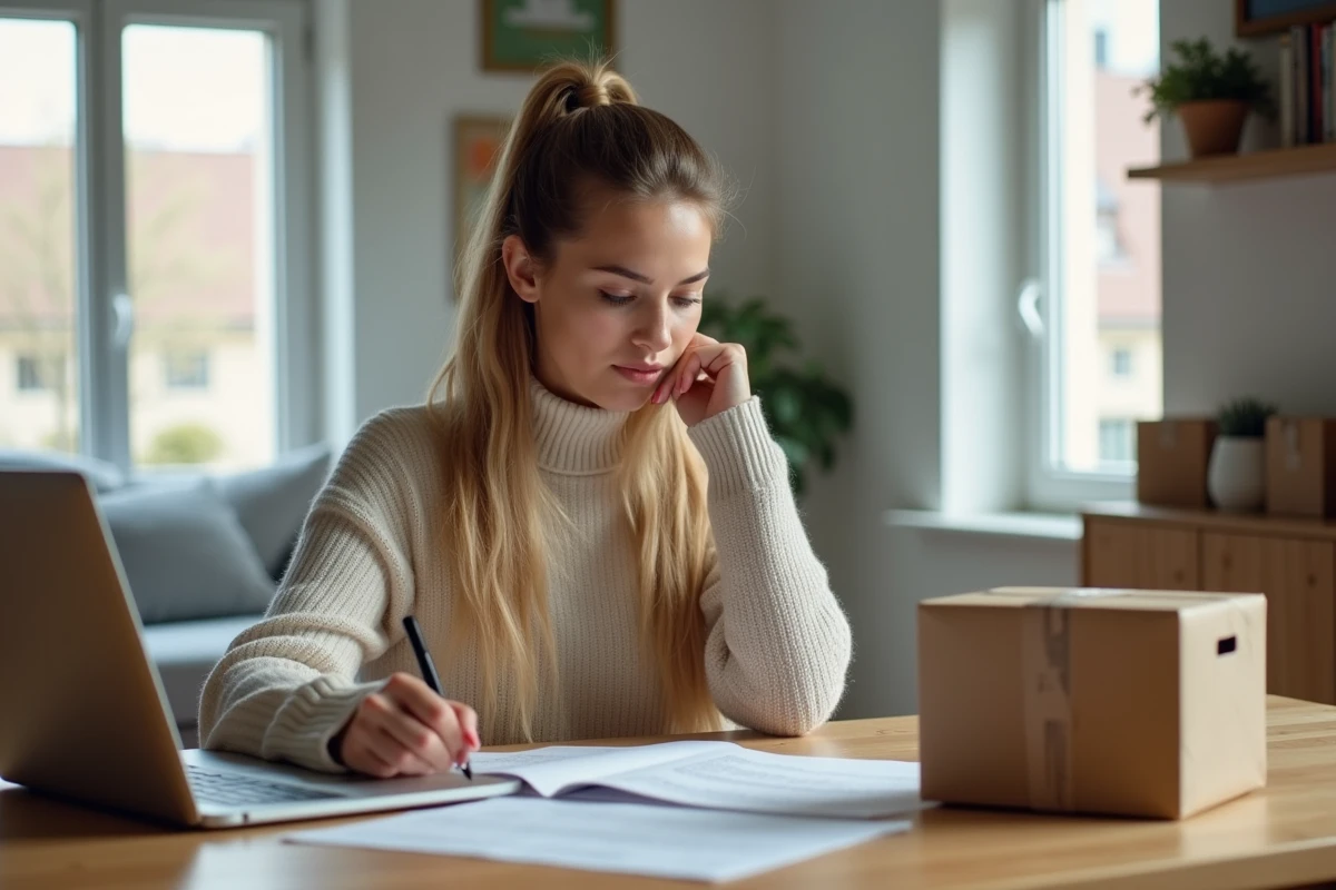 Jeune femme belge lisant documents officiels à son bureau