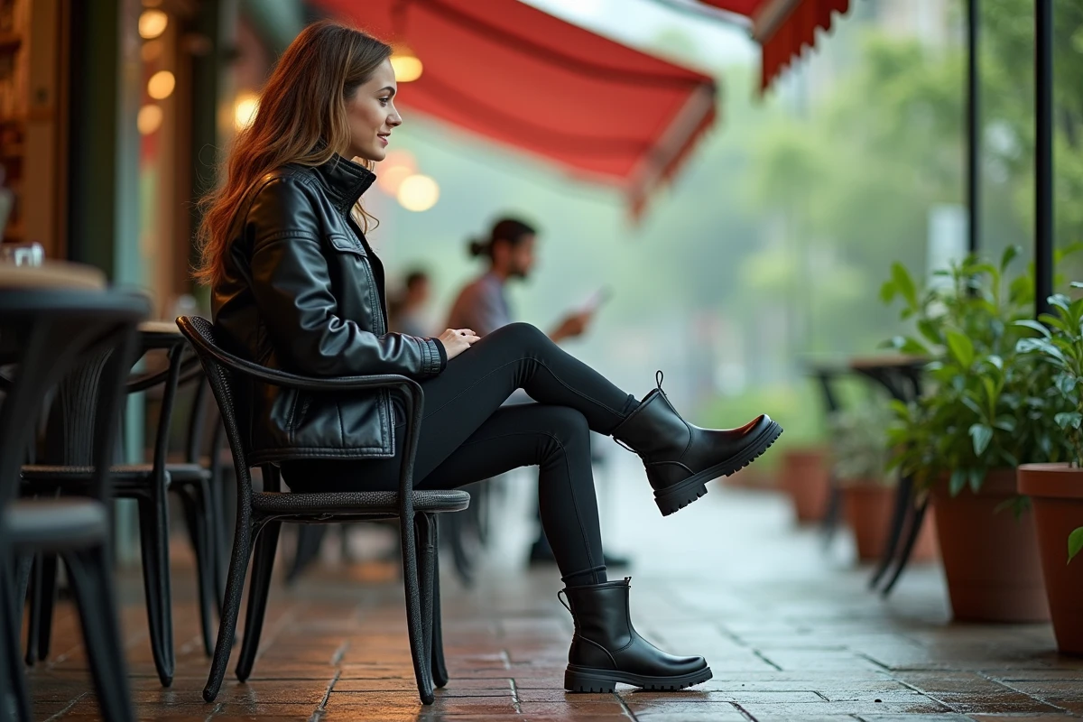 Jeune femme motarde au café par temps humide