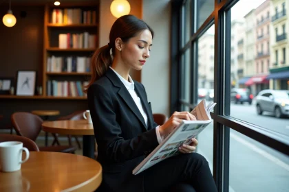 Jeune femme élégante en pantalon monochrome regardant un magazine