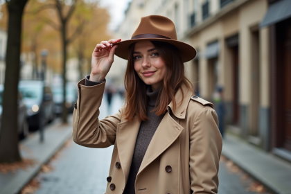 Jeune femme en trench beige et fedora ajustant son chapeau dans une rue parisienne
