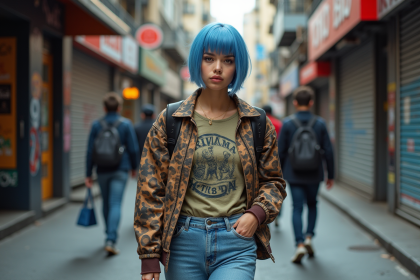Jeune femme aux cheveux bleus marche dans la ville dynamique