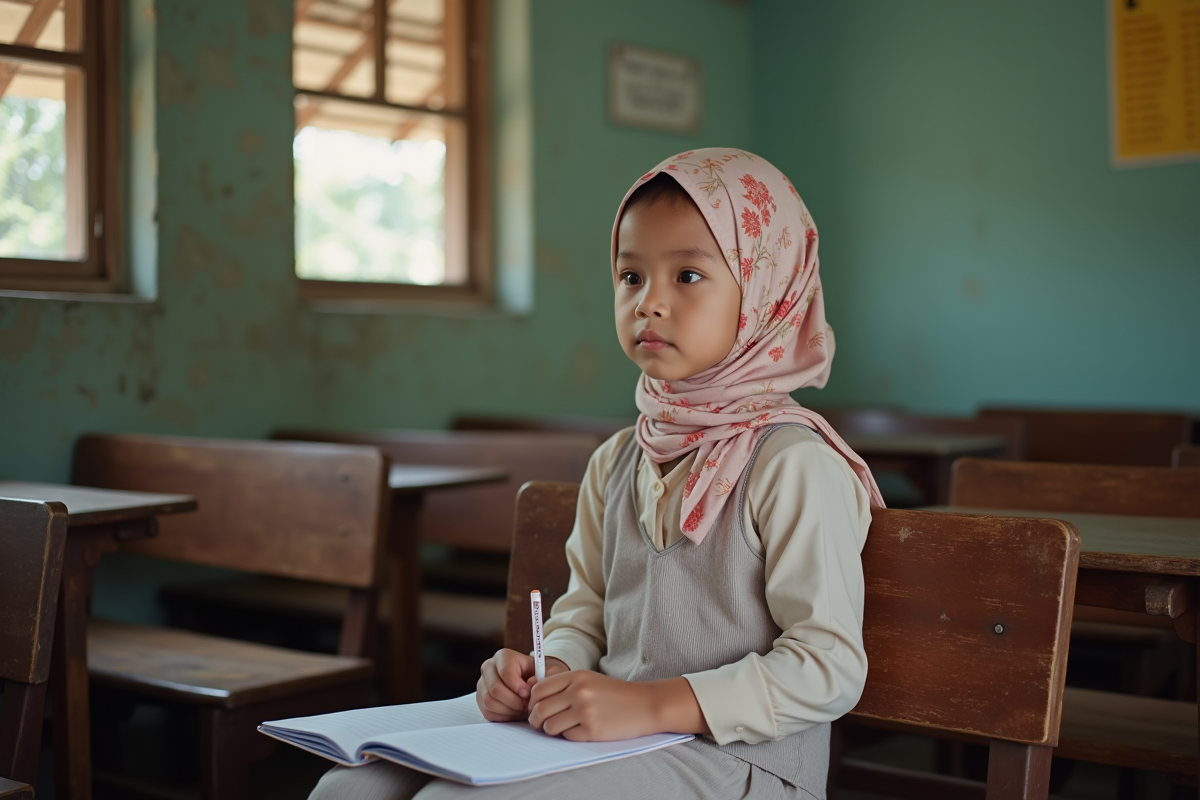Jeune fille asiatique assise avec un carnet dans une classe rurale