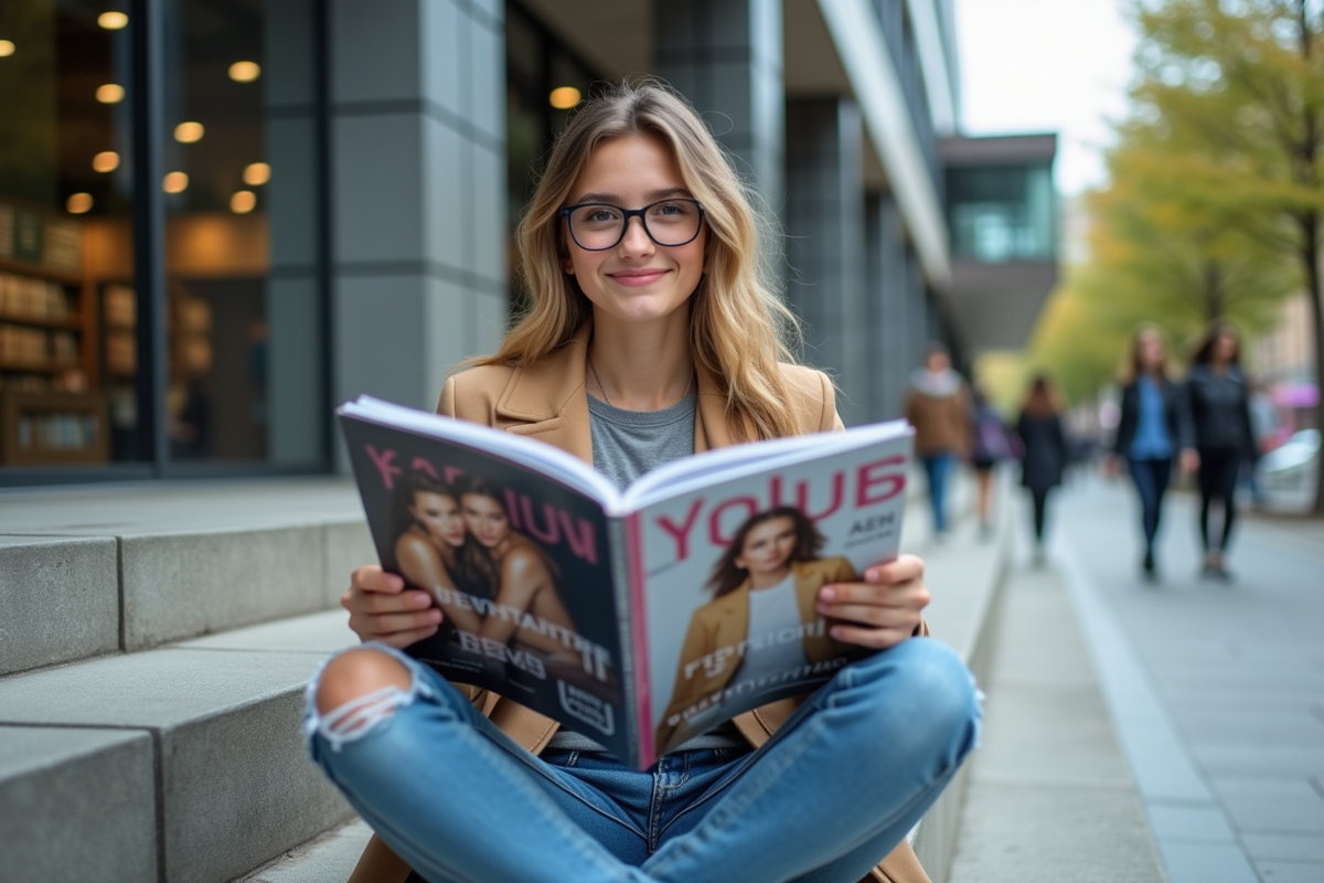 Jeune fille moderne assise sur des marches avec magazine mode