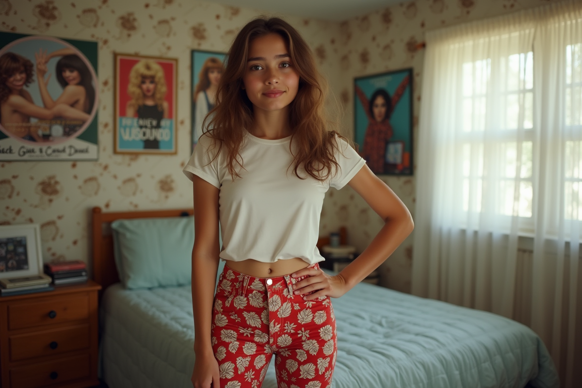 Jeune fille en pantalon flare dans sa chambre des années 90