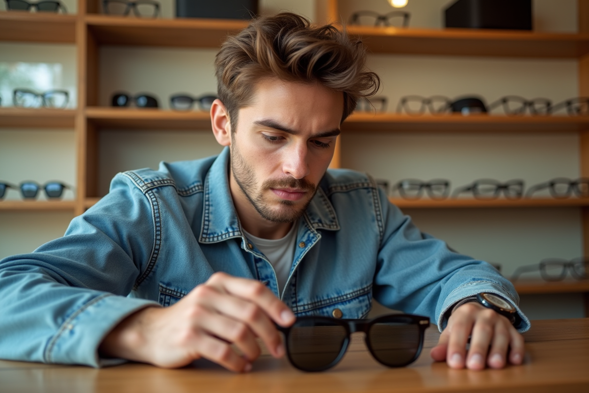 Jeune homme examinant des lunettes dans une boutique