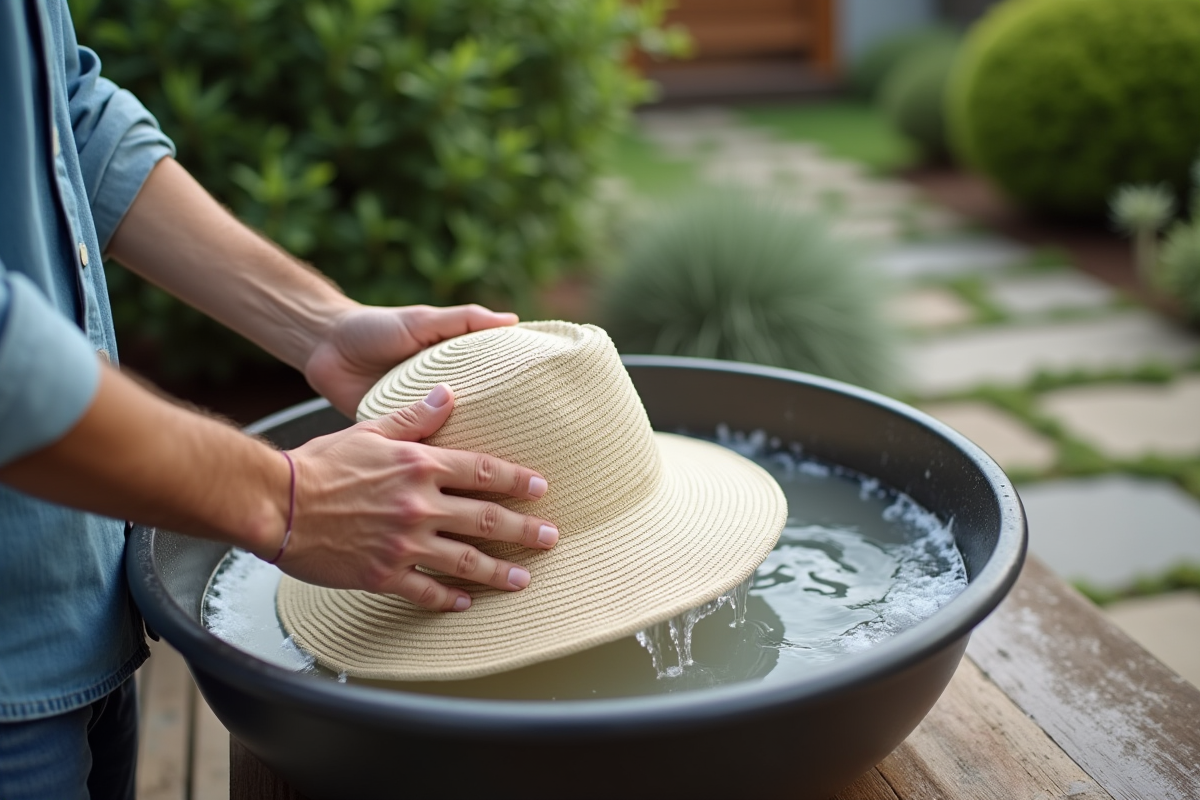 Jeune homme lavant un chapeau en coton dans un jardin