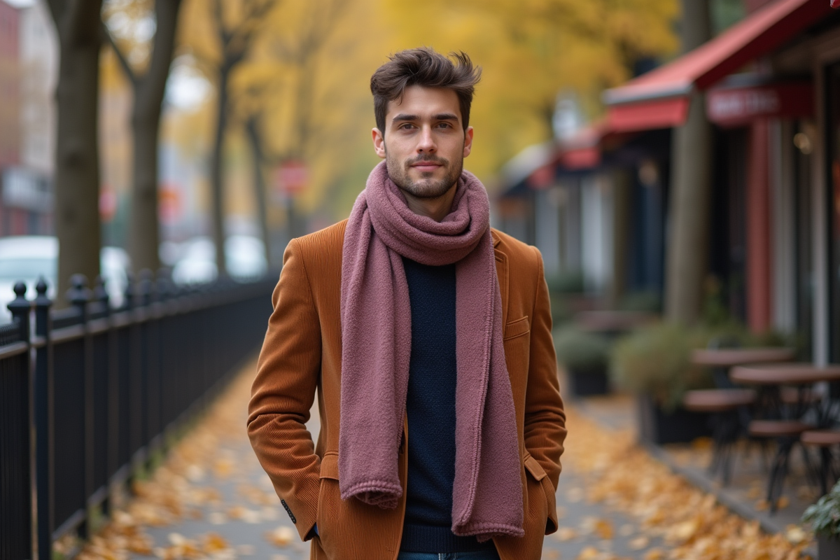 Jeune homme avec écharpe mauve et veste en ville automnale
