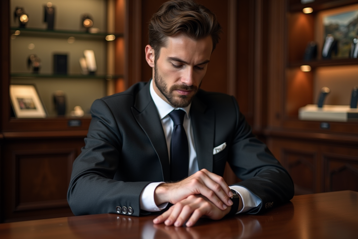 Jeune homme regardant une montre dans une boutique chic
