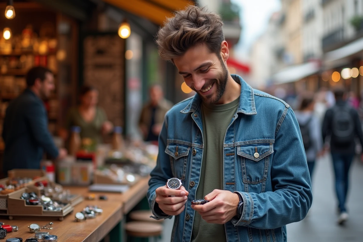 Jeune homme compare deux montres dans un marché urbain