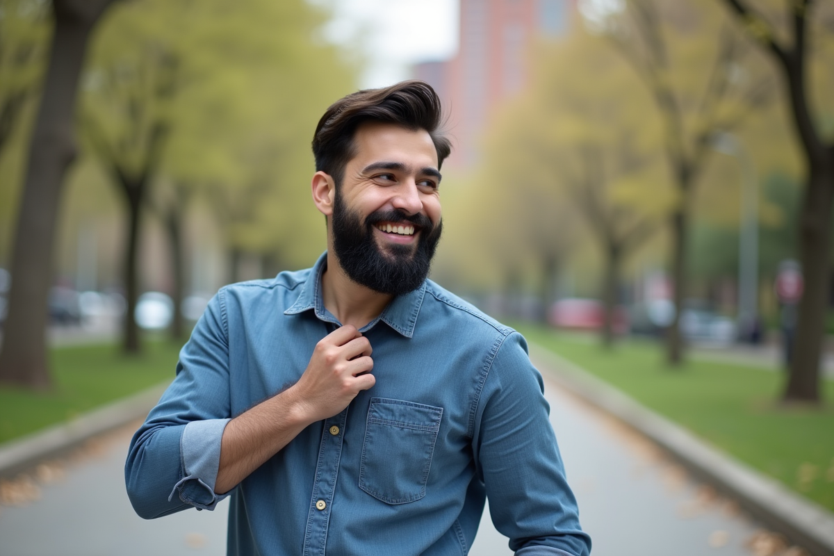 Jeune homme souriant dans un parc en plein air