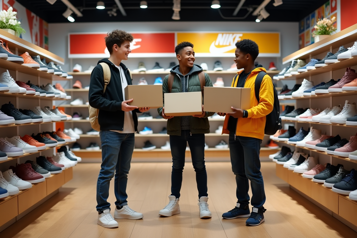 Groupe d adolescents comparant leurs sneakers dans un magasin