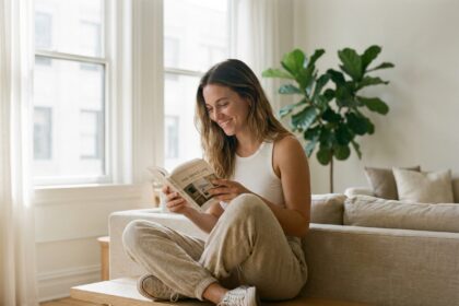 Jeune femme portant un jogging en coton bio beige, assise dans un appartement scandinave lumineux avec un livre à la main